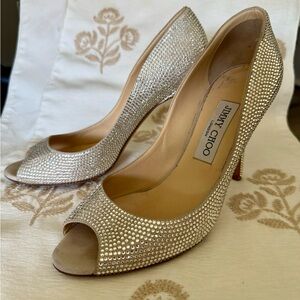 Jimmy Choo Suede Crystal Silver Peep-Toe Heels Size 38
